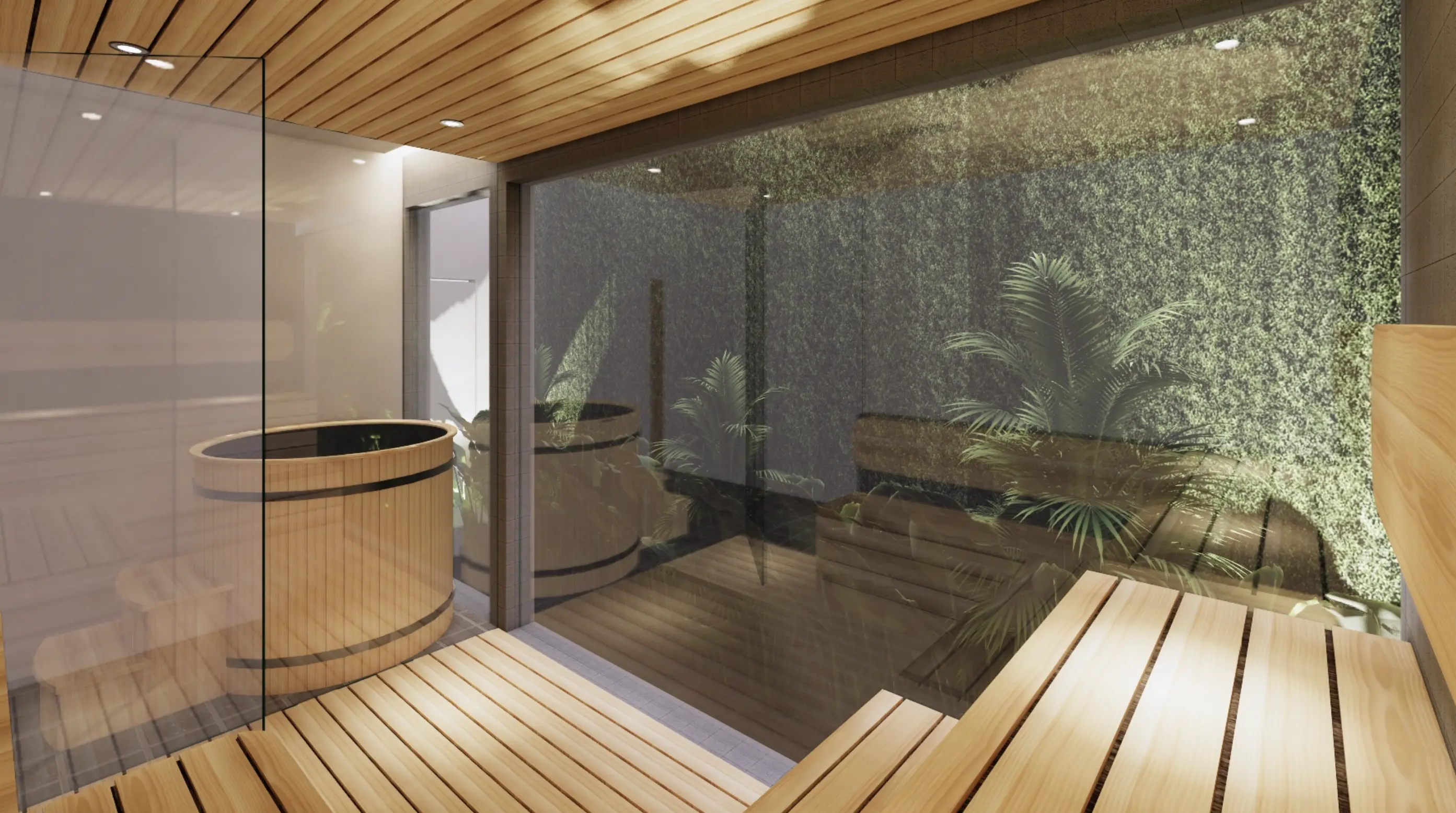 Sauna interior with plants